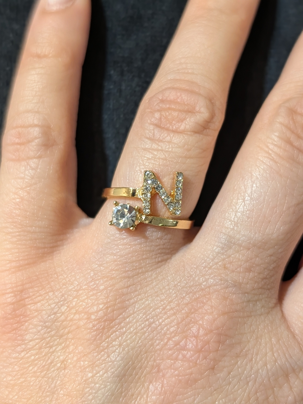 Gold Tone Initial N Ring with Clear Stone - Women Jewelry
